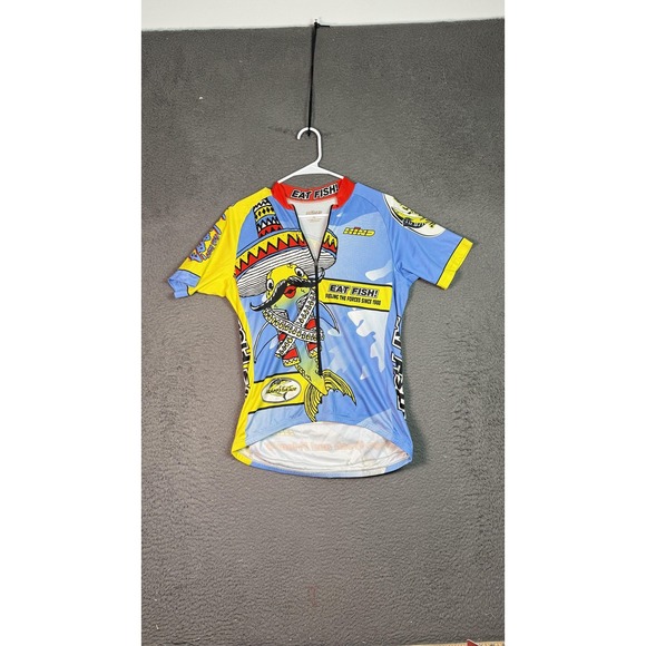 Wahoo's Fish Taco HIND Eat Fish Cycling Jersey Medium Surf Sombrero Mustache 80s - Picture 1 of 8